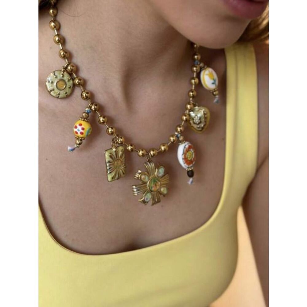 Gold-Tone Multicharm Floral Pendant Necklace - Yellow Accents R 613